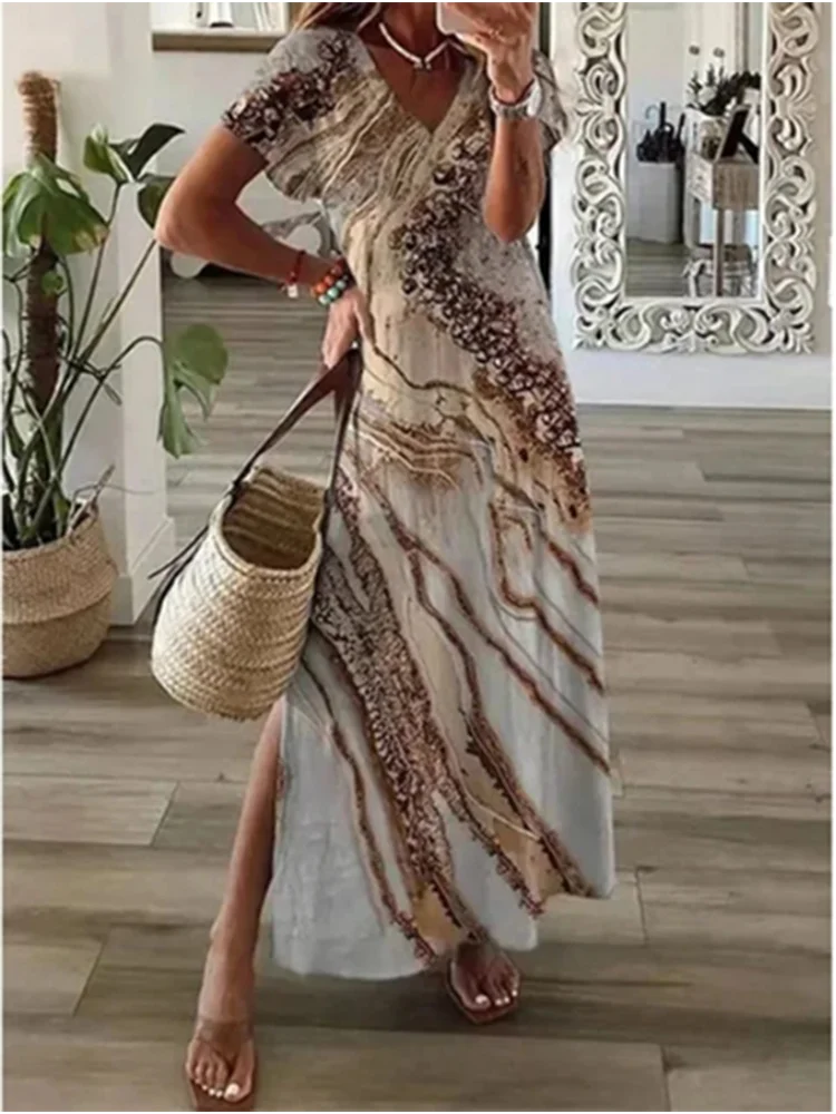 2024 New Summer Fashion V-neck Printed Dress Women's Solid Color Pocket Casual Minimalist Beach Long Dress