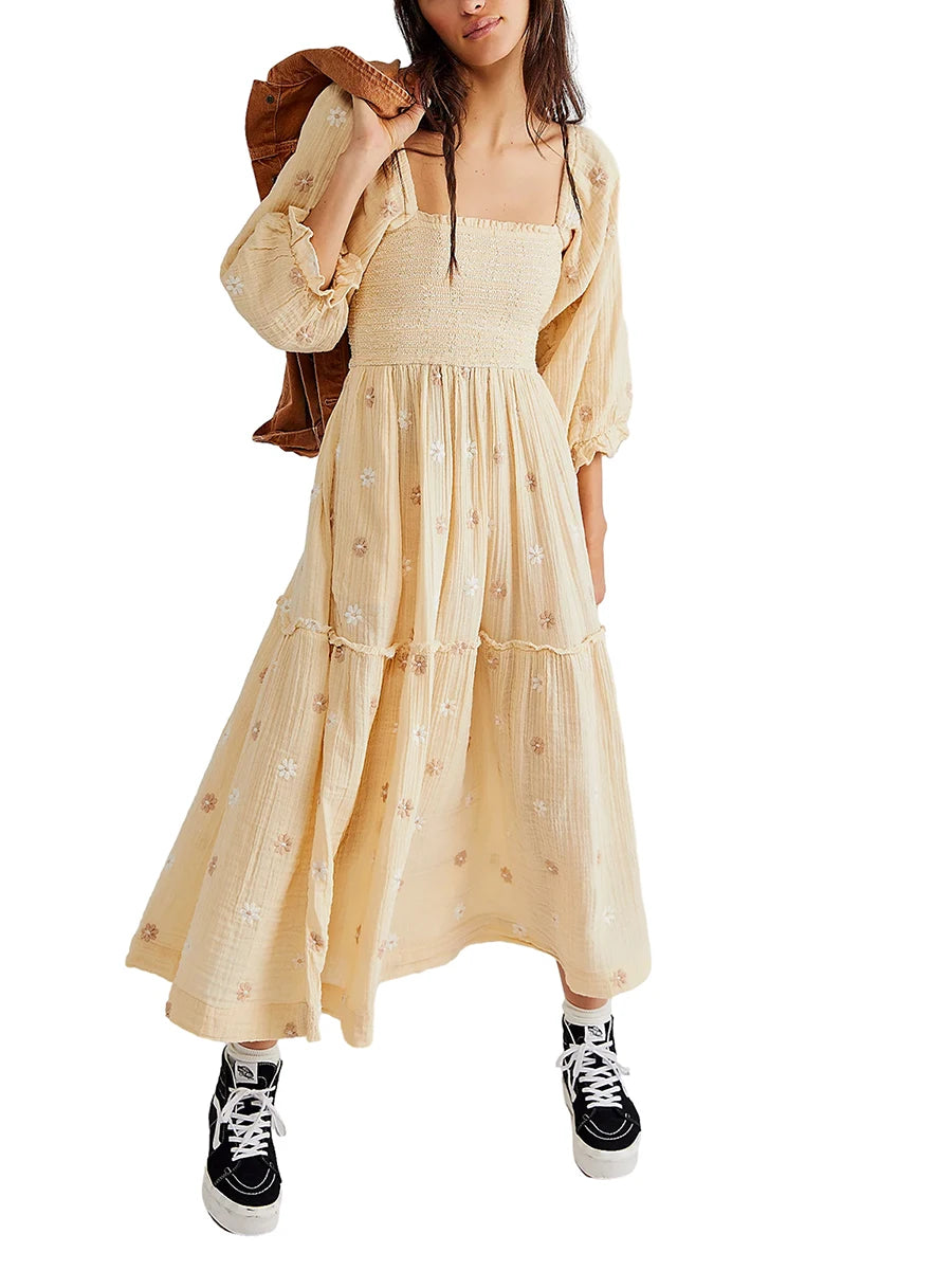 Women's Flower Embroidered Long Dress Bodycon Lantern Sleeve Square Neck Tiered Flowy Dress Bohemian Summer Beachwear Dresses