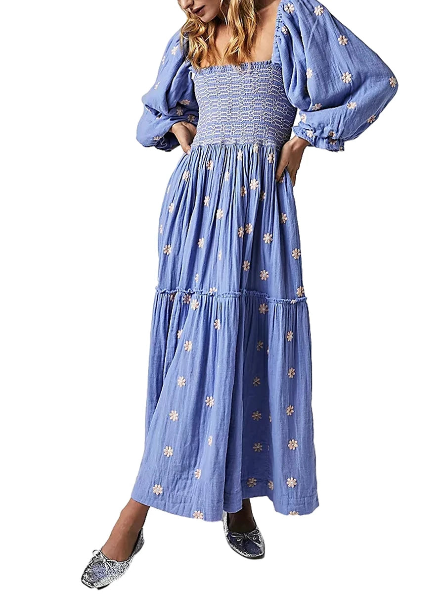 Women's Flower Embroidered Long Dress Bodycon Lantern Sleeve Square Neck Tiered Flowy Dress Bohemian Summer Beachwear Dresses