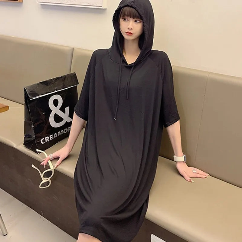 Spring Summer Hooded dress half sleeves Modal Casual Loose Long dress Solid colors female clothing streetwear
