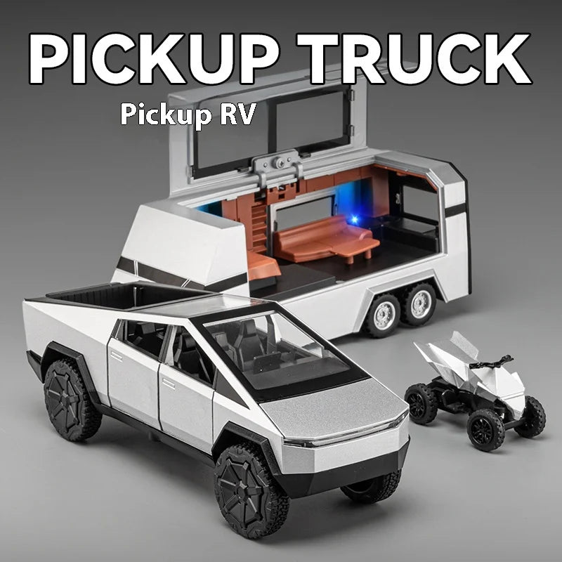 1/32 Cybertruck Pickup Trailer RV Metal Alloy Toys Car Model Diecast Off-road Vehicle Gift For Boys Kids Collection
