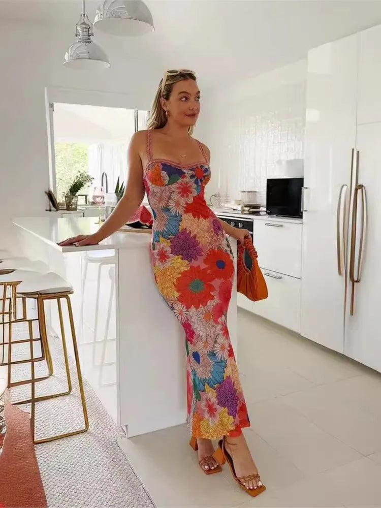 Flower Print Slim Lace Spaghetti Strap Dresses Women Sexy Low Cut Backless Package Hip Bodycon Long Dress Lady Trendy Streetwear