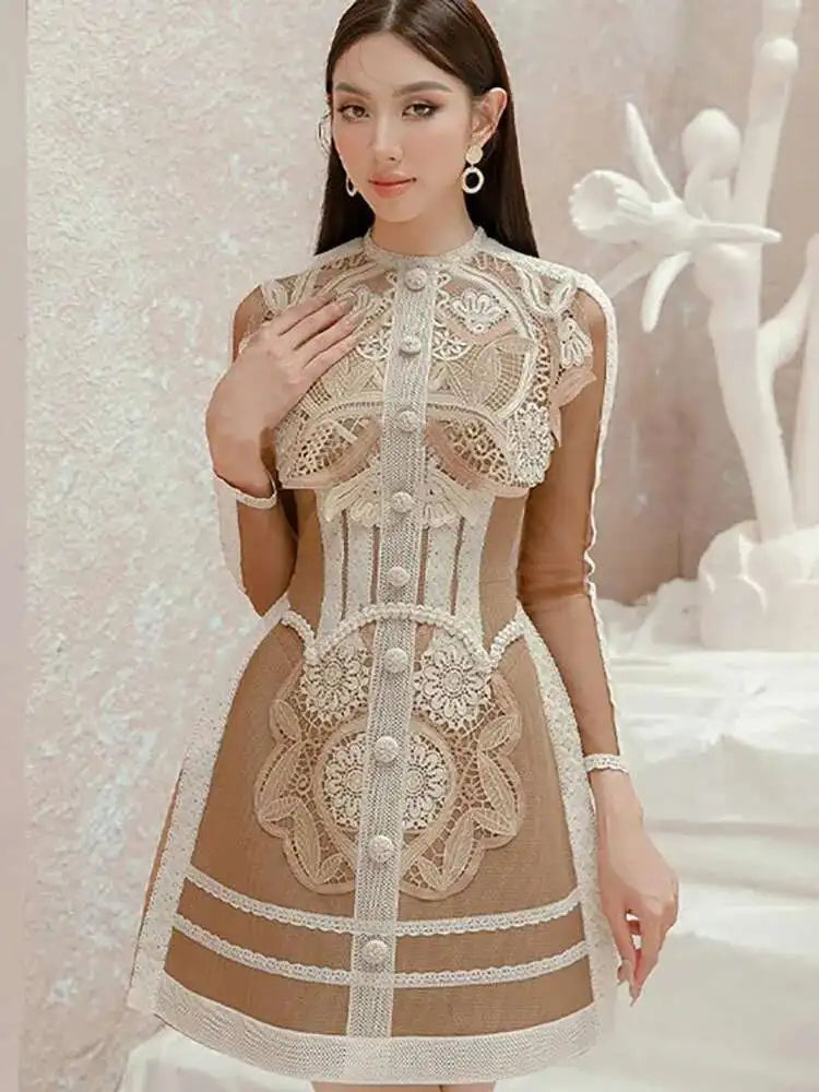 DEAT Women's O-neck Long Sleeve Single Breasted Dress Fashion Embroidery New Waist Patchwork Casual Dresses Autumn 2025 13DB3647