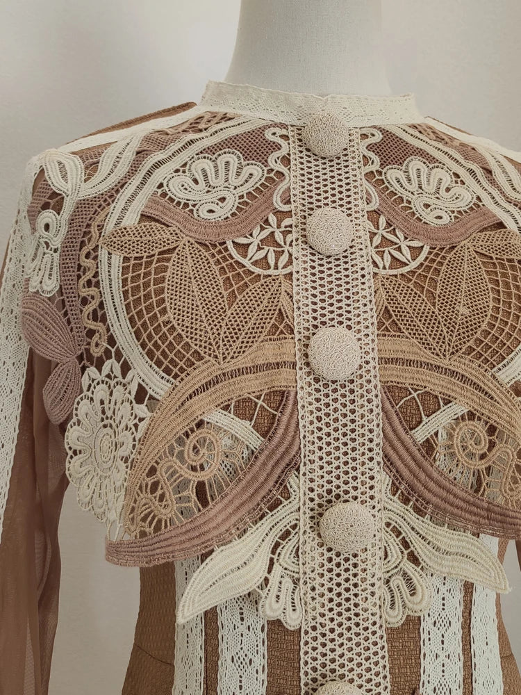 DEAT Women's O-neck Long Sleeve Single Breasted Dress Fashion Embroidery New Waist Patchwork Casual Dresses Autumn 2025 13DB3647