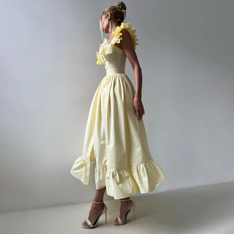 Elegant Blue Striped Ruffled Button Long Dress Women Slim Square Neck Sleeveless Party Female Dresses 2025 Summer Lady Robe