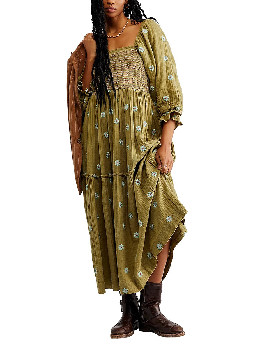 Women's Flower Embroidered Long Dress Bodycon Lantern Sleeve Square Neck Tiered Flowy Dress Bohemian Summer Beachwear Dresses