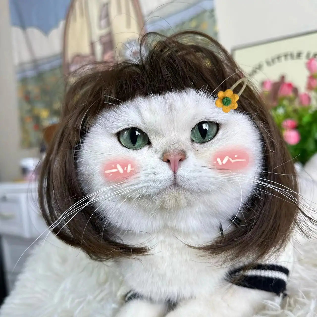 1pc Pet wig DIY hairstyle Cat and dog headgear Pet accessories Festival decoration Headscarf Short style straight bangs wig