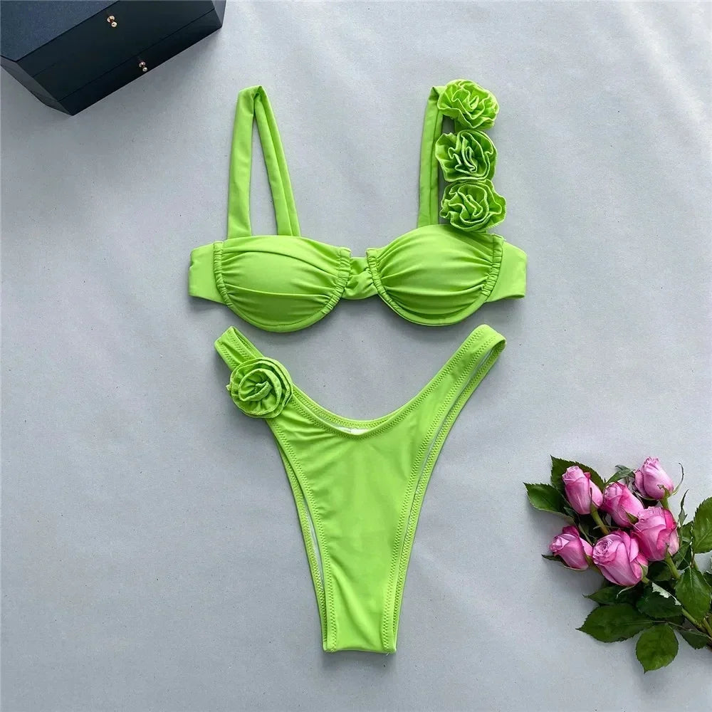 Sexy 3D Flower Rose Red Push Up Bikinis Sets Woman Swimsuit 2025 High Leg Cut Swimwear Underwire Bathing Suit Micro Bikini Mujer