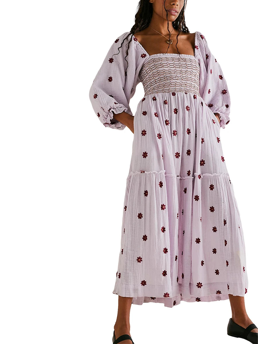 Women's Flower Embroidered Long Dress Bodycon Lantern Sleeve Square Neck Tiered Flowy Dress Bohemian Summer Beachwear Dresses