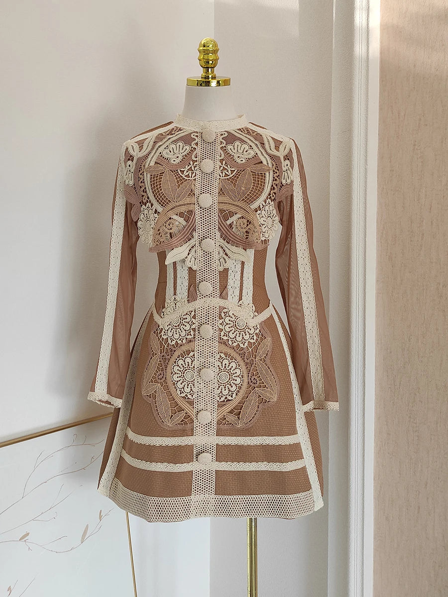 DEAT Women's O-neck Long Sleeve Single Breasted Dress Fashion Embroidery New Waist Patchwork Casual Dresses Autumn 2025 13DB3647