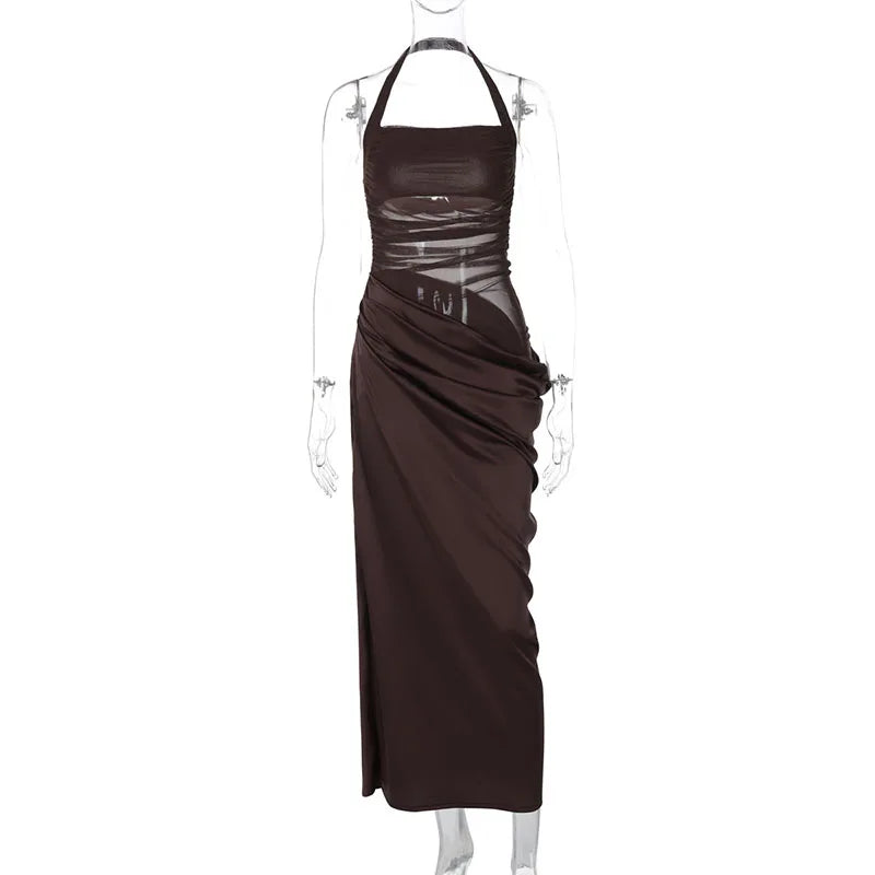 Patchwork Mesh Women Dresses Sexy O Neck Sleeveless Hollow Backless Leaky Waist Slim Long Dress 2025 New Lace Hollow Club Robes