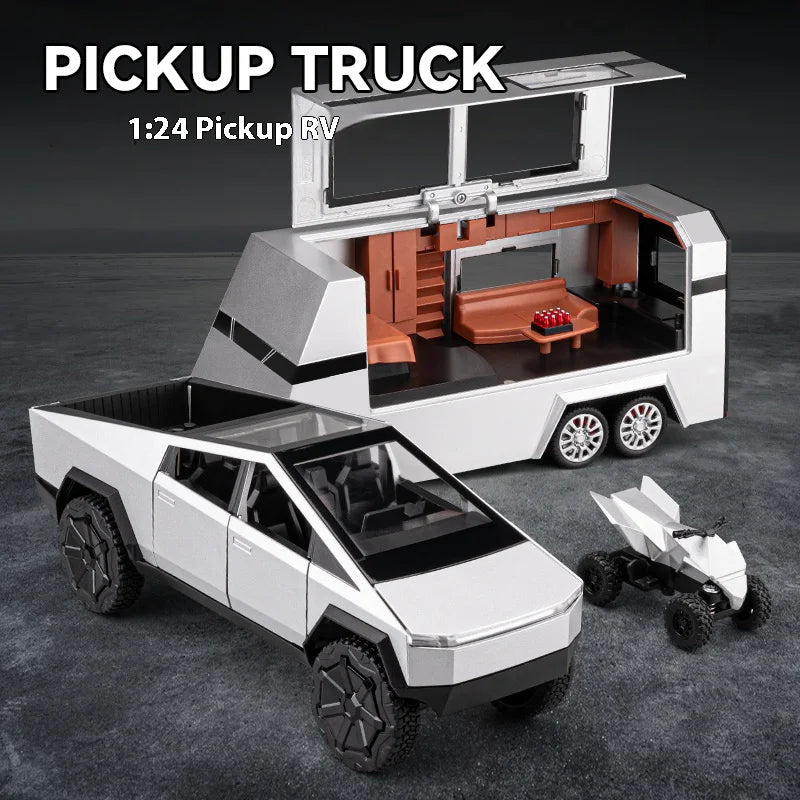 Cybertruck Pickup Trailer RV Metal Alloy Toys Car Model Diecast Off-road Vehicle Gift For Boys Kids Collection truck ornaments