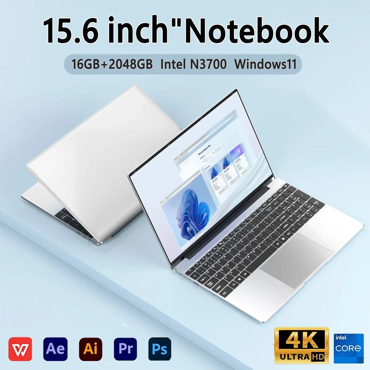15.6" Ultra Slim Laptop 16GB RAM 2TB SSD Intel N3700 Notebook Gamer 1920*1080 Display Office Study Computer PC Windows 11 Pro
