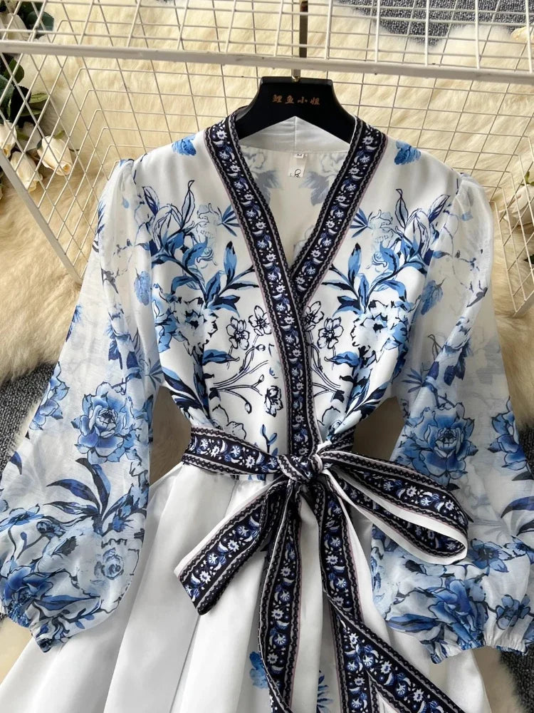 French Gorgeous Flower Holiday Long Dress Women's V-Neck Long Lantern Sleeve Lace Up Vintage Maxi Robes Party Vestidos Clothes