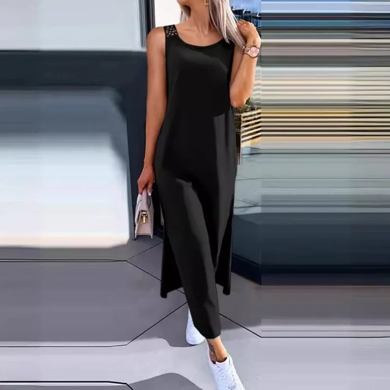 Hollow Out Solid Long Dress Women Fashion Sleeveless O-neck Maxi Dresses for Women New Summer Women's Slim Split Vestidos Black