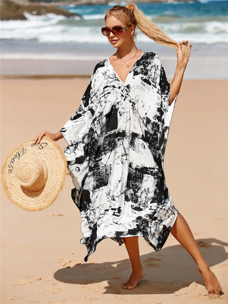 Women's Plus Size Animal Print V-Neck Batwing Kaftan Beach Dress Bathing Suit Cover-Up Loungewear