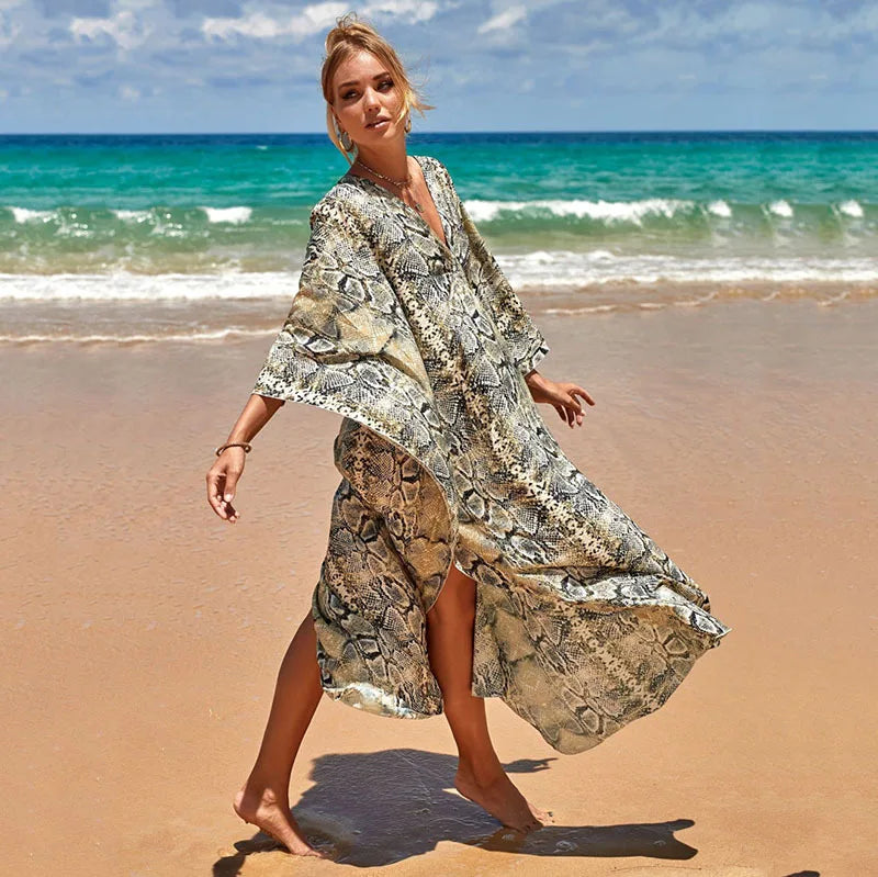 Women's Plus Size Animal Print V-Neck Batwing Kaftan Beach Dress Bathing Suit Cover-Up Loungewear