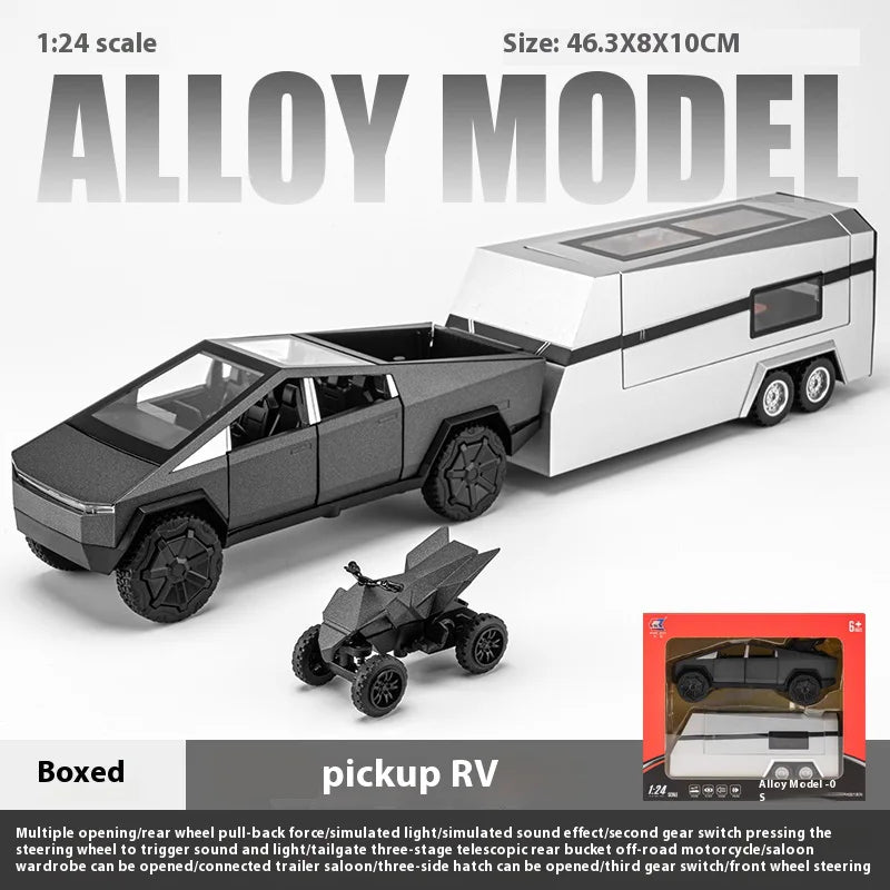 Cybertruck Pickup Trailer RV Metal Alloy Toys Car Model Diecast Off-road Vehicle Gift For Boys Kids Collection truck ornaments