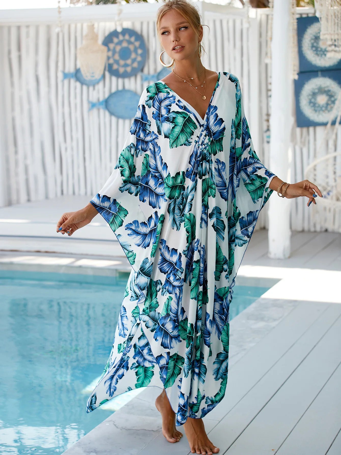 Women's Plus Size Animal Print V-Neck Batwing Kaftan Beach Dress Bathing Suit Cover-Up Loungewear