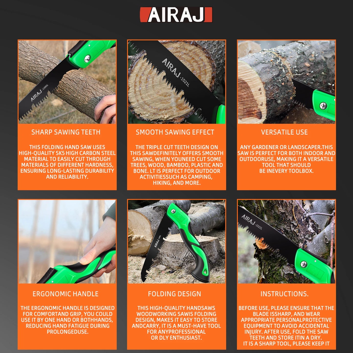 AIRAJ Multifunctional Folding Saw SK7 Steel Sharp and Wear-Resistant Portable Household Manual Woodworking Saw