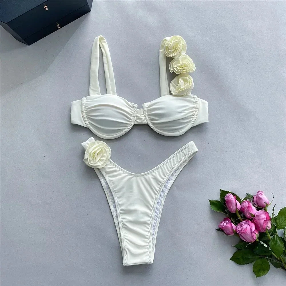 Sexy 3D Flower Rose Red Push Up Bikinis Sets Woman Swimsuit 2025 High Leg Cut Swimwear Underwire Bathing Suit Micro Bikini Mujer