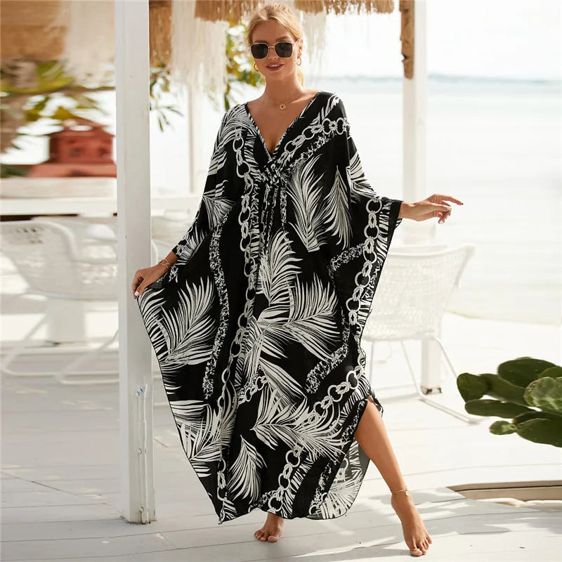 Women's Plus Size Animal Print V-Neck Batwing Kaftan Beach Dress Bathing Suit Cover-Up Loungewear