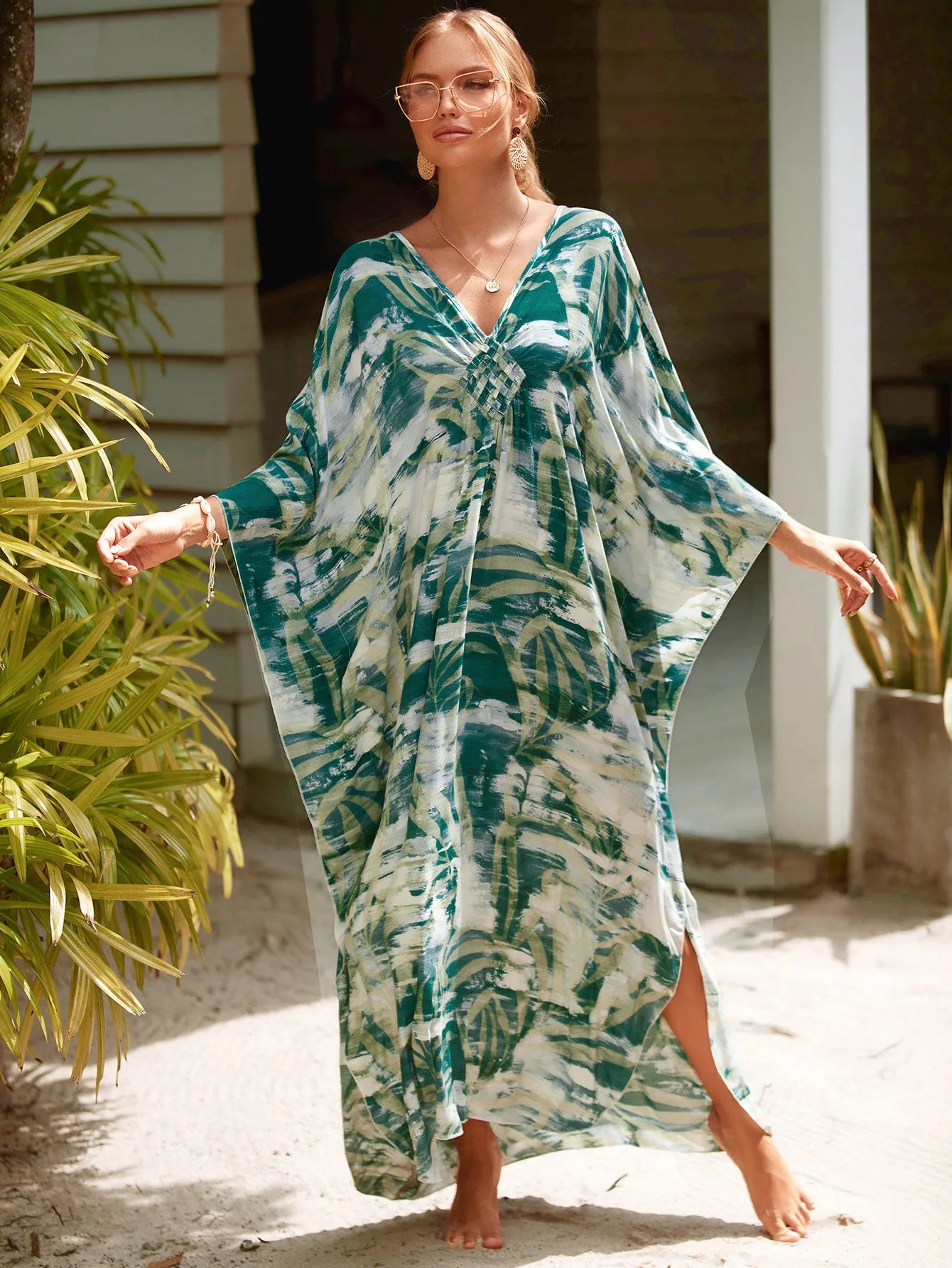 Women's Plus Size Animal Print V-Neck Batwing Kaftan Beach Dress Bathing Suit Cover-Up Loungewear