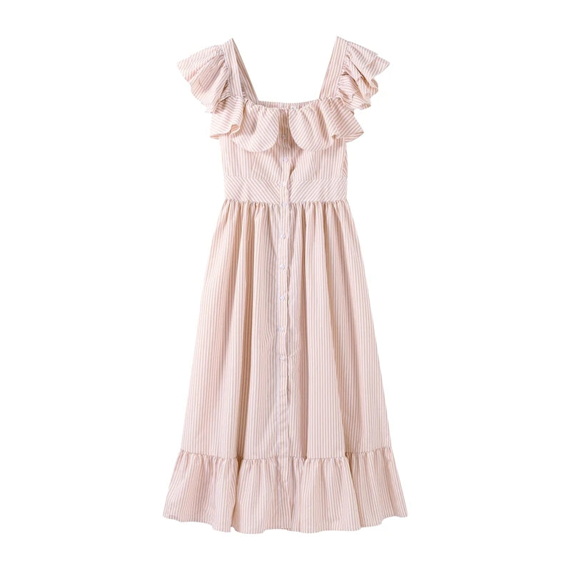 Elegant Blue Striped Ruffled Button Long Dress Women Slim Square Neck Sleeveless Party Female Dresses 2025 Summer Lady Robe