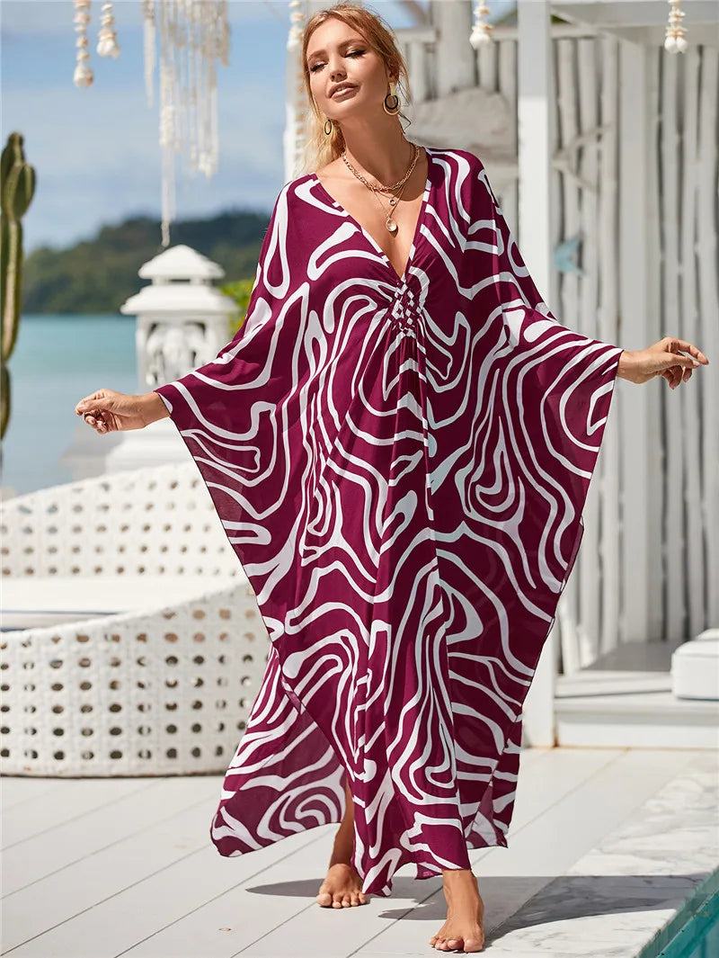 Women's Plus Size Animal Print V-Neck Batwing Kaftan Beach Dress Bathing Suit Cover-Up Loungewear