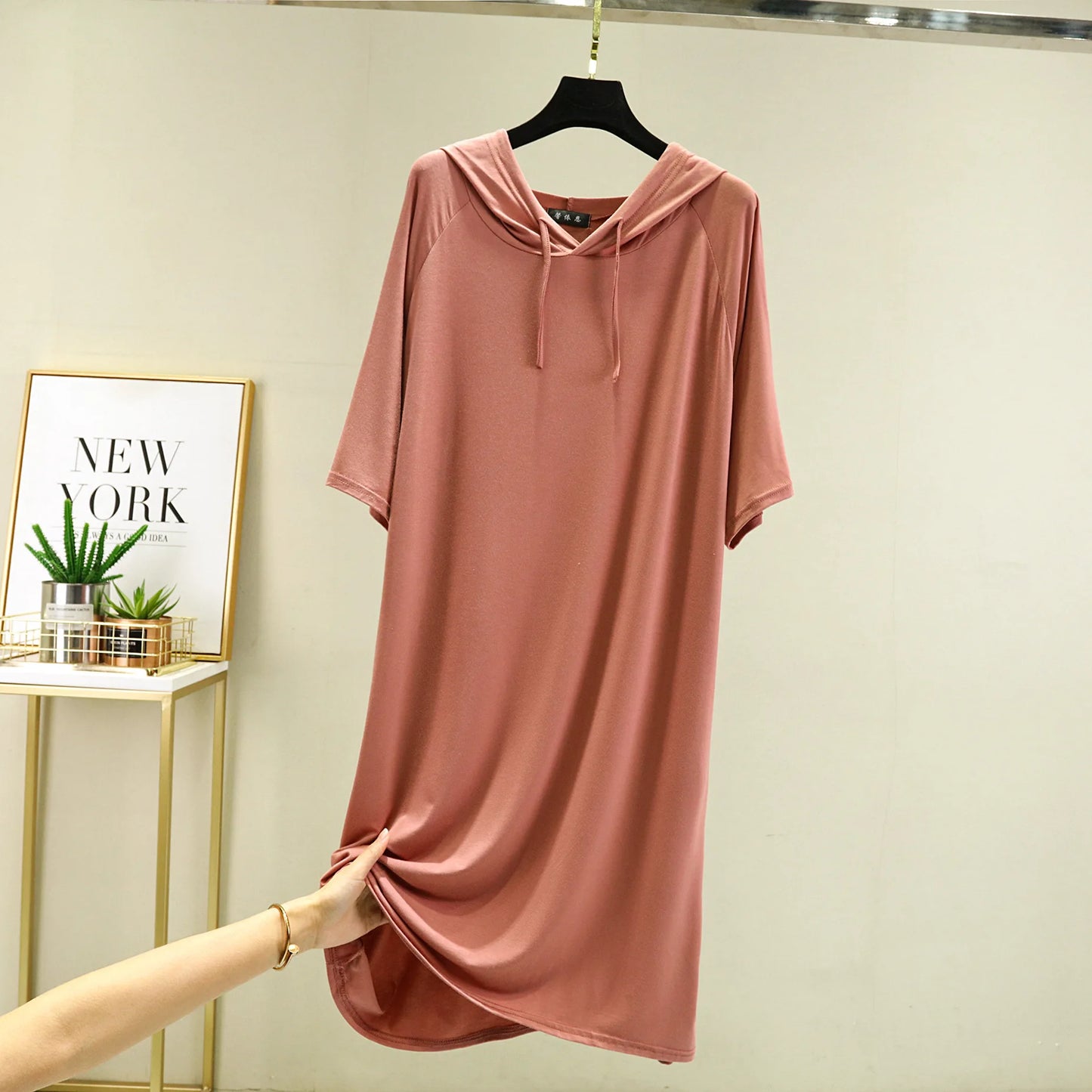 Spring Summer Hooded dress half sleeves Modal Casual Loose Long dress Solid colors female clothing streetwear