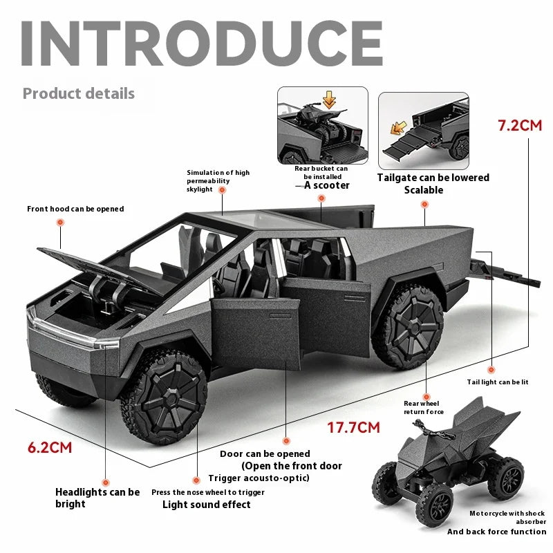 Cybertruck Pickup Trailer RV Metal Alloy Toys Car Model Diecast Off-road Vehicle Gift For Boys Kids Collection truck ornaments