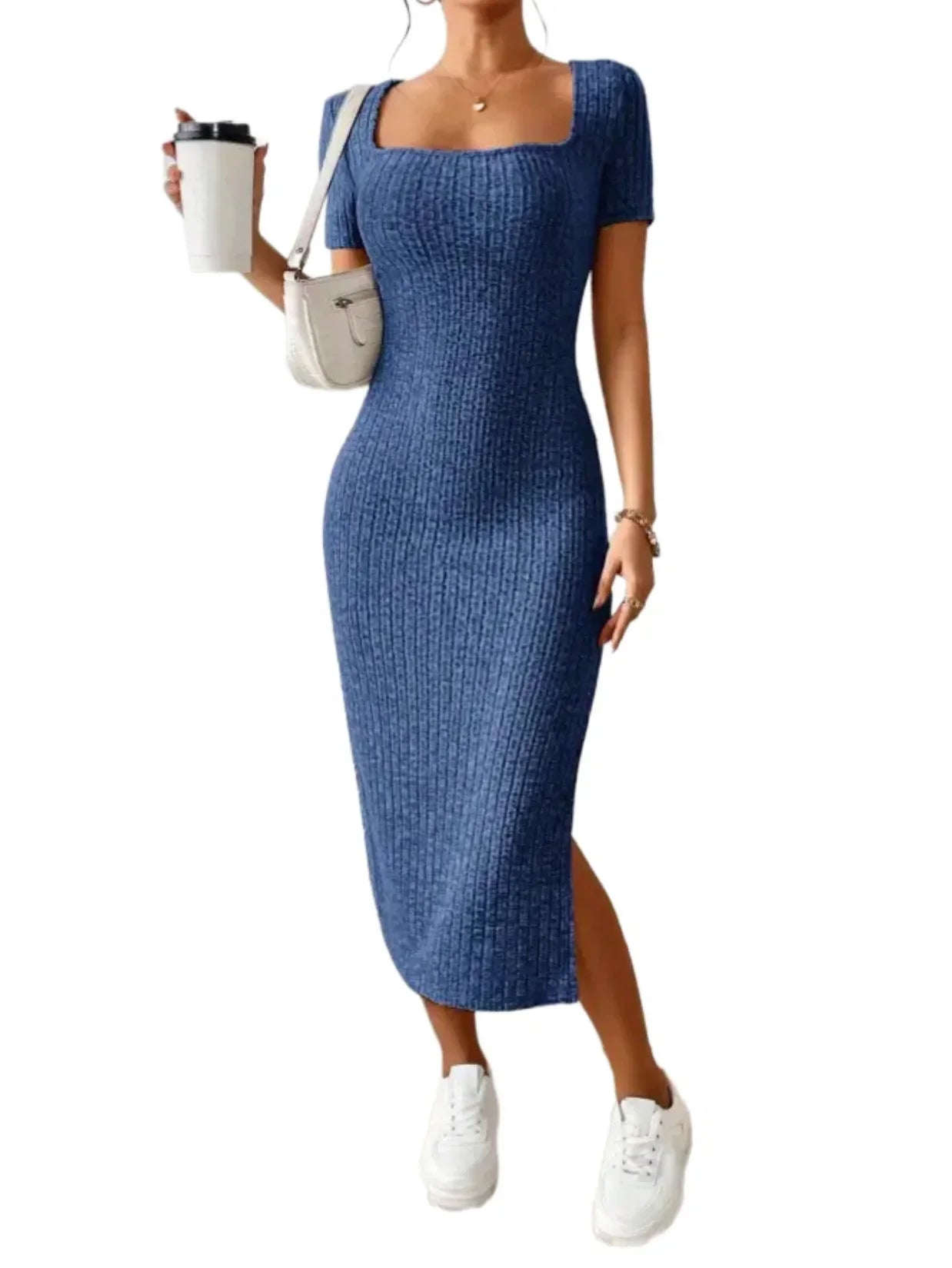Maternity Dresses Hot Fashion Square Neck Side Knit Solid Color Clothes Pregnant Women Short-sleeved Dress Pregnant Women