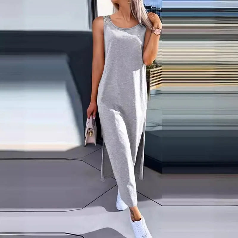 Hollow Out Solid Long Dress Women Fashion Sleeveless O-neck Maxi Dresses for Women New Summer Women's Slim Split Vestidos Black