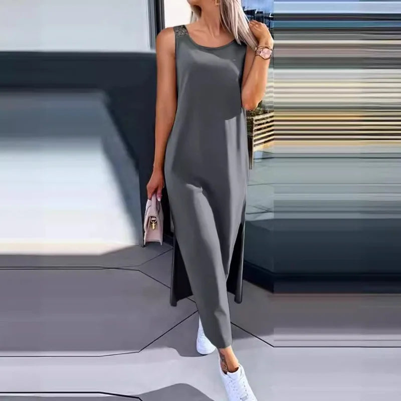 Hollow Out Solid Long Dress Women Fashion Sleeveless O-neck Maxi Dresses for Women New Summer Women's Slim Split Vestidos Black