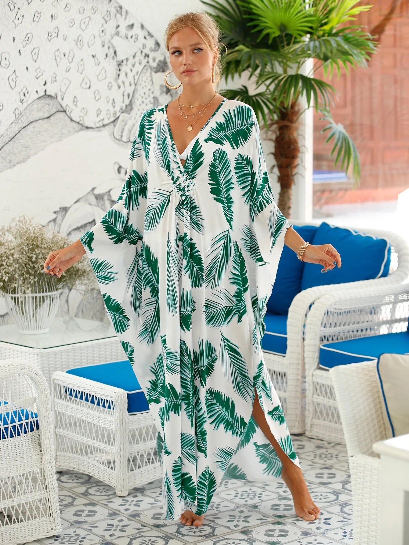 Women's Plus Size Animal Print V-Neck Batwing Kaftan Beach Dress Bathing Suit Cover-Up Loungewear