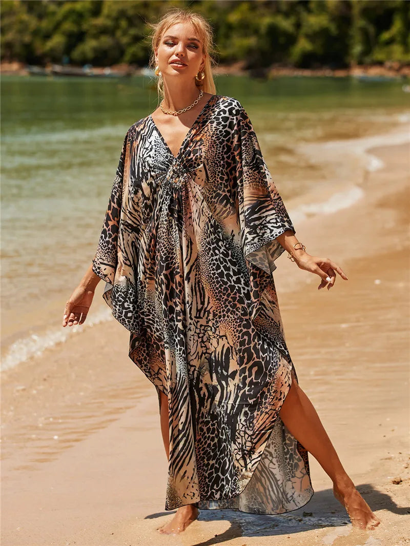 Women's Plus Size Animal Print V-Neck Batwing Kaftan Beach Dress Bathing Suit Cover-Up Loungewear
