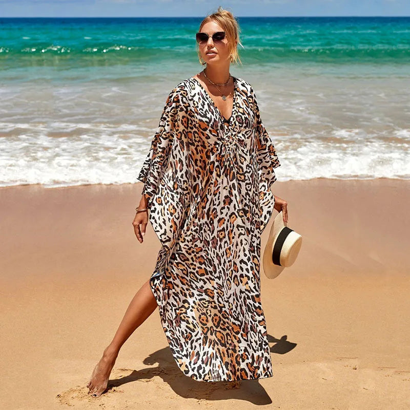 Women's Plus Size Animal Print V-Neck Batwing Kaftan Beach Dress Bathing Suit Cover-Up Loungewear