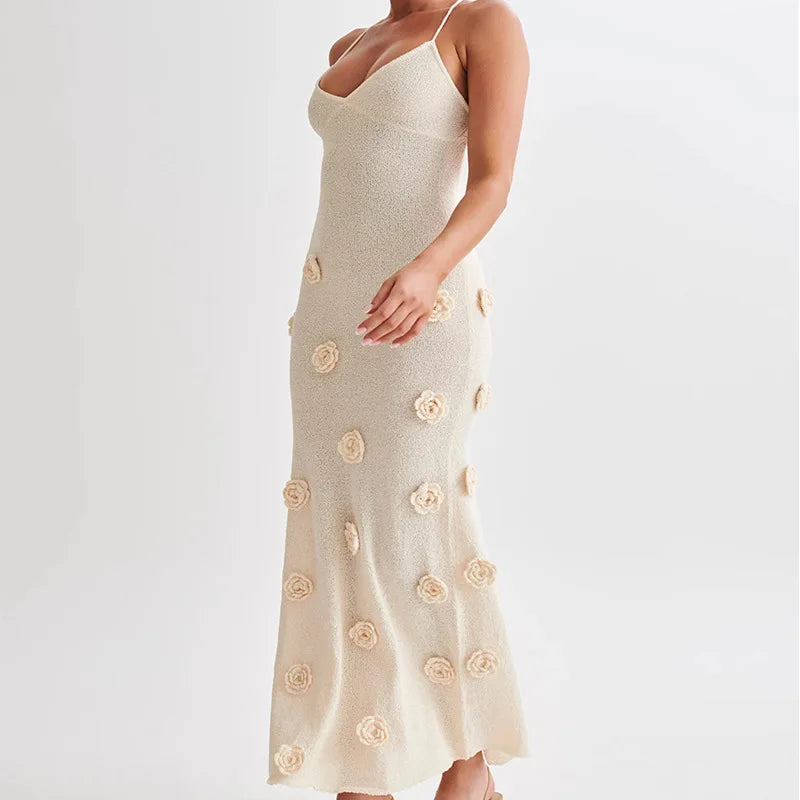 3D Flower Knitted Sling Long Dress Women Sexy Deep V-neck Backless Sleeveless Lace Up Femme Robes 2024 Summer Beach Dresses