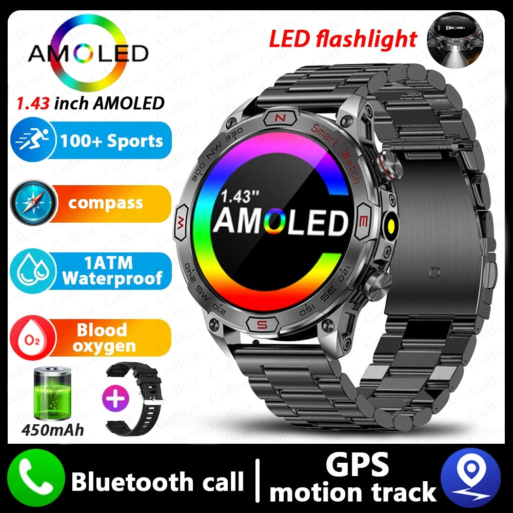 Military Outdoor Smart Watch Men 1ATM Waterproof Compass GPS Sports Track Fitness Watch 450 mAh with LED Flashlight SmartWatches