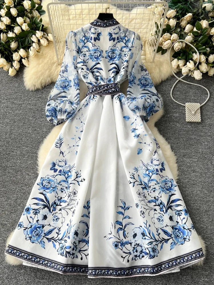 French Gorgeous Flower Holiday Long Dress Women's V-Neck Long Lantern Sleeve Lace Up Vintage Maxi Robes Party Vestidos Clothes