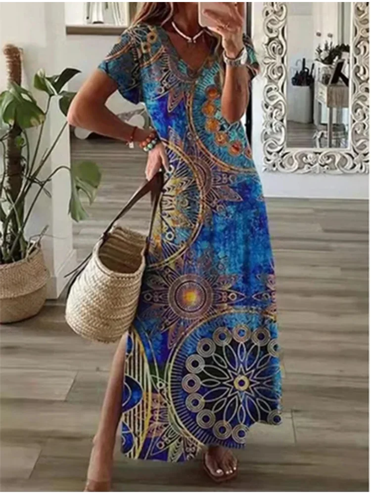 2024 New Summer Fashion V-neck Printed Dress Women's Solid Color Pocket Casual Minimalist Beach Long Dress