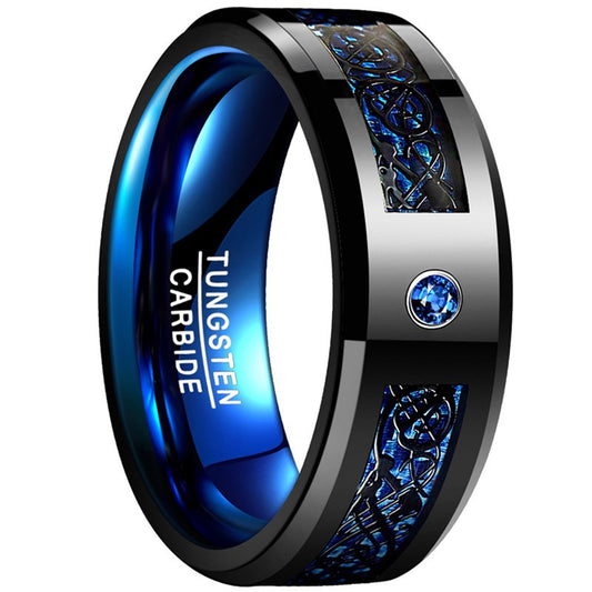 [1pc Blue Carbon Fiber Ring] 1pc 8MM Wide Inlaid Black Dragon Pattern Blue Carbon Fiber Men's Tungsten Ring USA Size 7-14