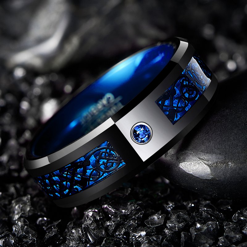 [1pc Blue Carbon Fiber Ring] 1pc 8MM Wide Inlaid Black Dragon Pattern Blue Carbon Fiber Men's Tungsten Ring USA Size 7-14