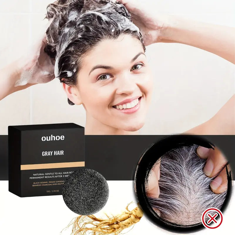 Gray Hair Reverse Bar Shampoo for Healthy Hair Appearance with Natural Extracts of Ginseng Root, Sesame Seed and Charcoal
