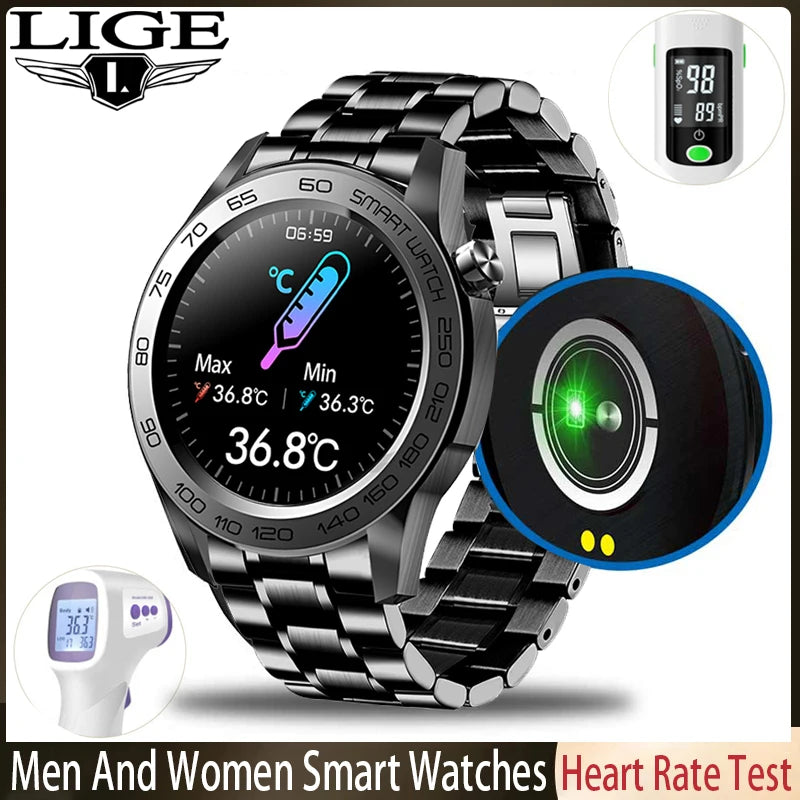 LIGE New Steel Band Men Smart Watch Full Touch Screen Body Temperature Activity Sport Clocks Fitness Men Waterproof SmartWatches