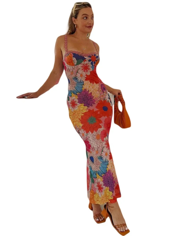 Flower Print Slim Lace Spaghetti Strap Dresses Women Sexy Low Cut Backless Package Hip Bodycon Long Dress Lady Trendy Streetwear