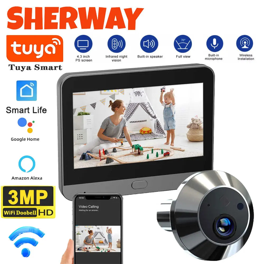 Tuya WiFi Peephole Doorbell Camera FHD 3MP 4.3Inch Door Bell  Eye Camera PIR Motion Detection Smart Home Security Video Doorbell