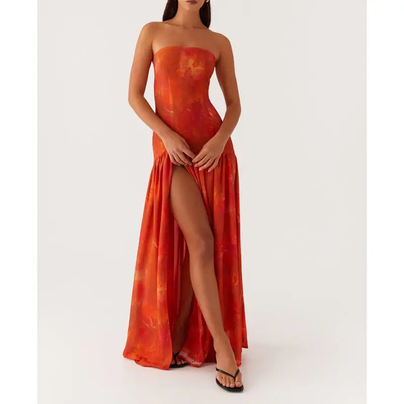 Combhasaki Women Summer Floral Tie-dye Print High Split Backless Ruffled Hem Long Strapless Tube Dress Party Beach Streetwear