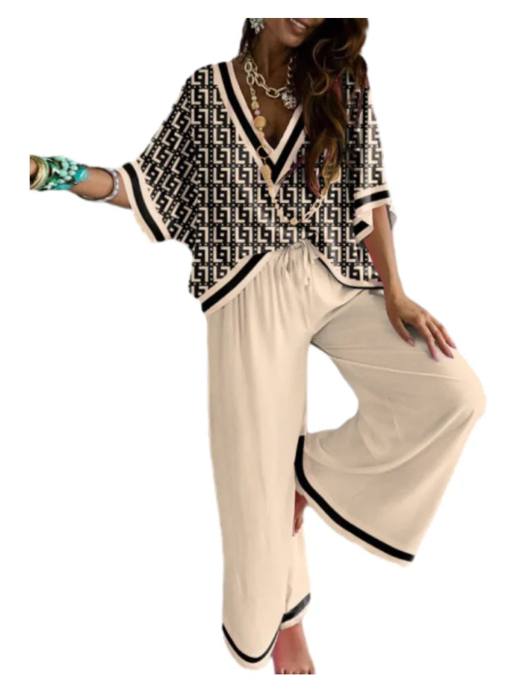 Missuoo 2025 Summer New Women's Casual Suit V-neck Printed T-shirt Top and Drawstring Wide Leg Pants Loose Fit Pants Set