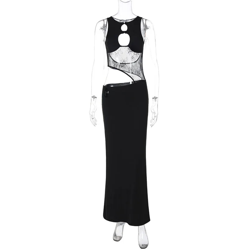 Patchwork Mesh Women Dresses Sexy O Neck Sleeveless Hollow Backless Leaky Waist Slim Long Dress 2025 New Lace Hollow Club Robes